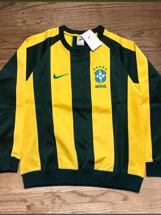 Nike Brasil Yellow & Dark Green retro training Striped Soccer Sweatshirt - Picture 1 of 4